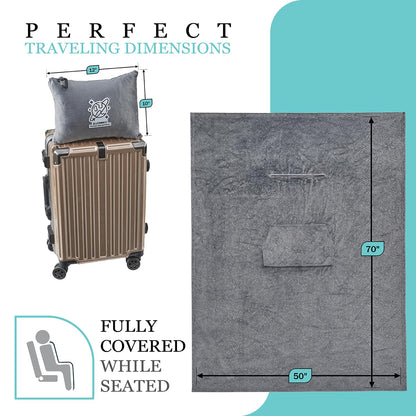 Commollis 2-in-1 Travel Blanket & Pillow for Airplane, Car, Train - Warm Compact Flight Blanket with Luggage Strap & Backpack Clip, Machine Washable, All-Season Use