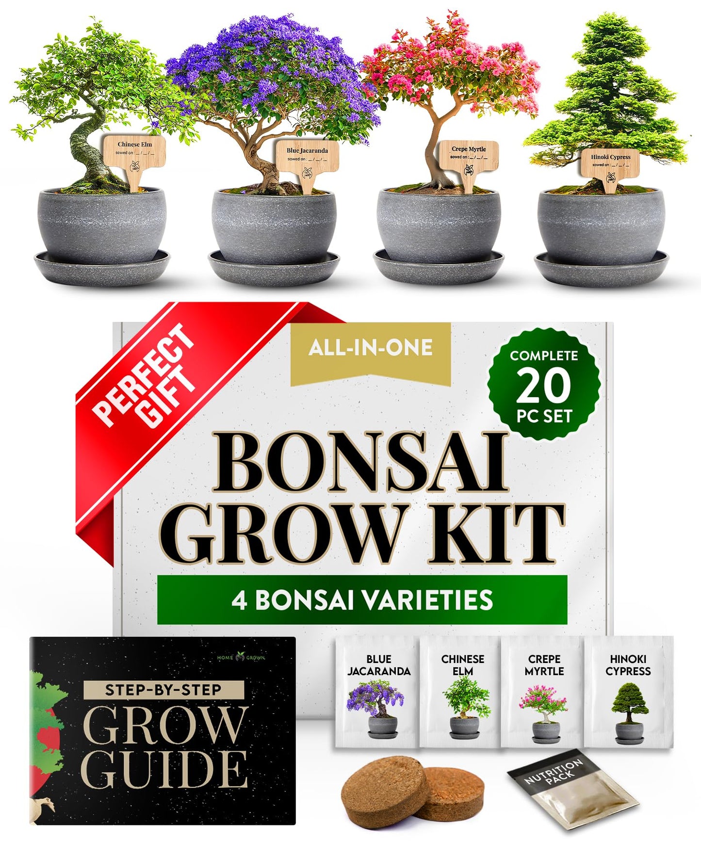 HOME GROWN Bonsai Tree Kit – Grow 4 Bonsai Types Indoors with Complete Starter Kit Including Pots Peat Pellets and Bonus Grow Guide – Unique Gardening Gift for Men Women Beginners