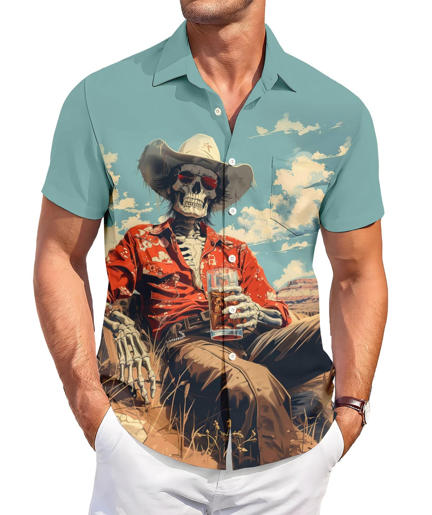 DADDYLOCO Western Skeleton Print Button Down Shirt, Short Sleeve, Regular Fit, Mint Green