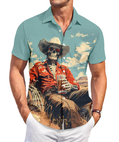 DADDYLOCO Western Skeleton Print Button Down Shirt, Short Sleeve, Regular Fit, Mint Green
