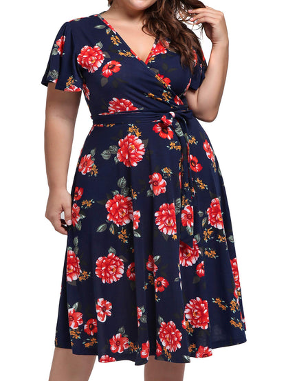 kissmay Plus Size Cocktail Dresses, Plus Size Fit and Flare Dresses for Women Slim Fitting Elasticity Clothing Ruched Flows Sweet Dress for Casual Short-Sleeve 1950s Lavender Dress Navy Red 20W
