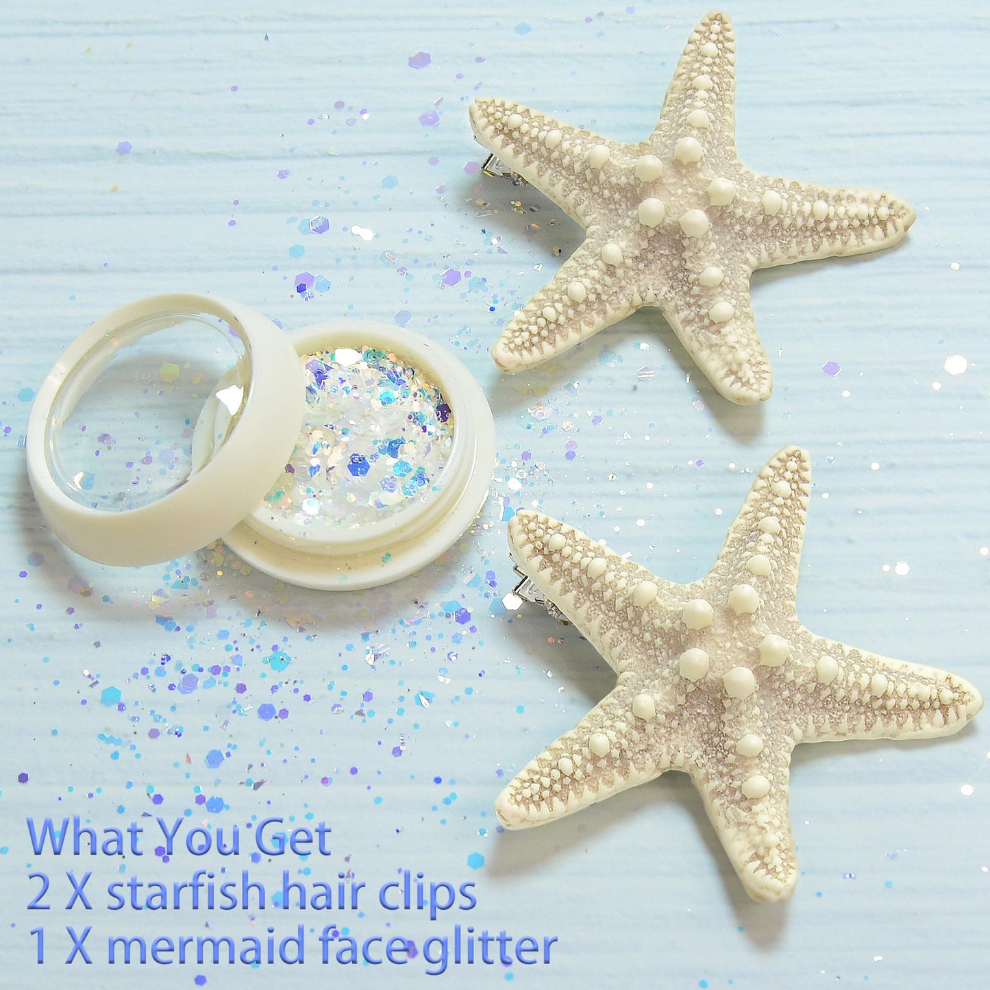 Gofriipai 2 Pcs Starfish Hair Clip with Face Glitter Body Glitter, Mermaid Hair Clips Accessories for Women and Girls, 2 in 1 Accessory Sets for Mermaid Halloween Beach Costume