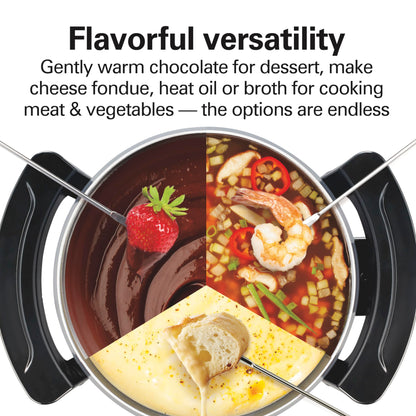 Hamilton Beach 12 Cup Electric Fondue Pot Set with Temperature Control, 6-Color Coded Forks, for Cheese, Chocolate, Hot Oil, Broth, 3 Quart PFAS-Free Nonstick Interior, Gray (86202)