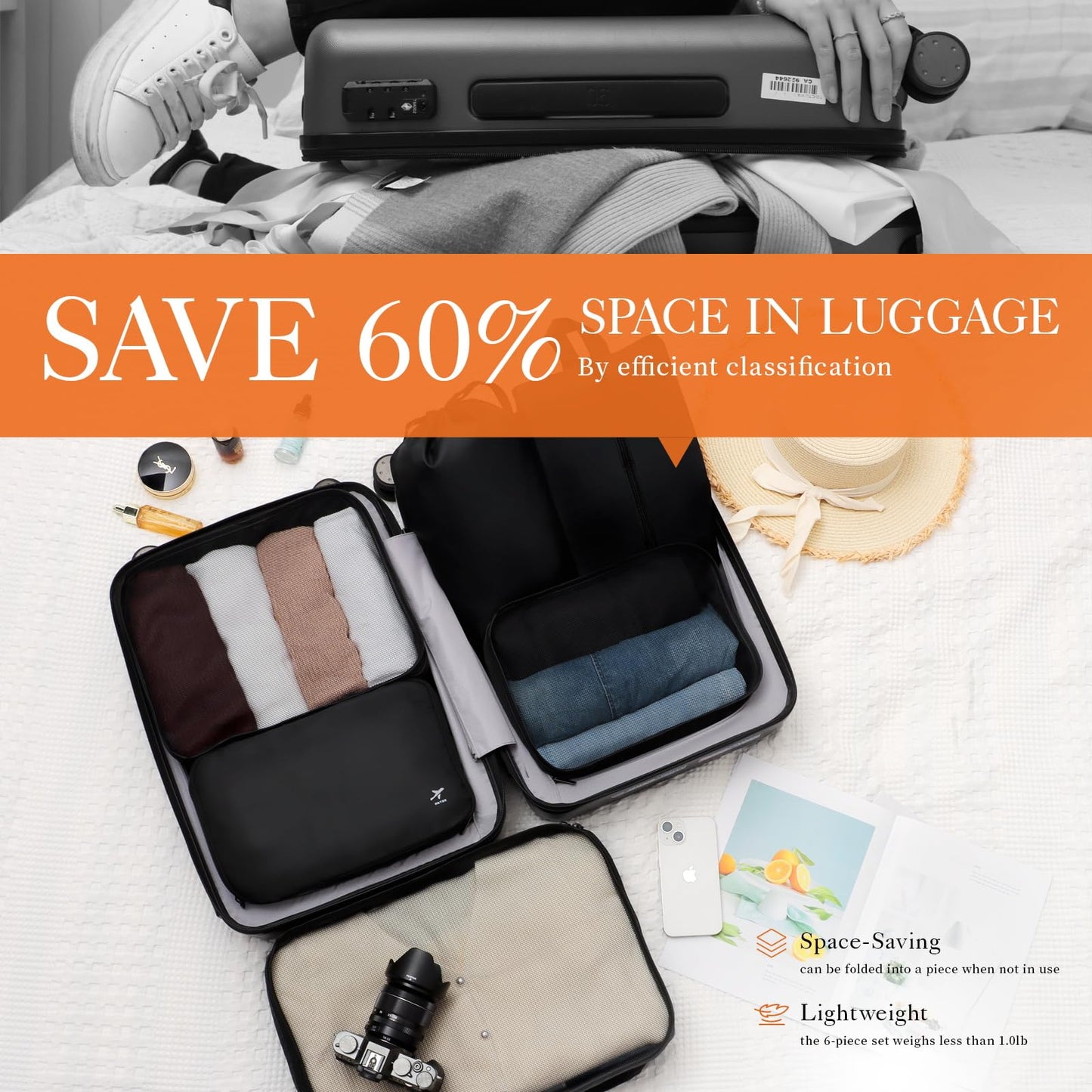 HOTOR Packing Cubes for Suitcases - 6 Pieces, Light Packing Cubes for Travel, Premium Suitcase Organizer Bags Set, Space-Saving Luggage Organizers, Travel Accessories and Essentials, Black