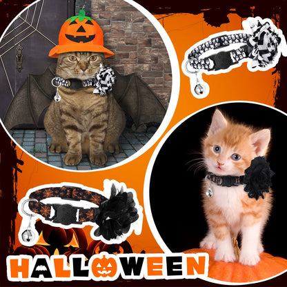 4 Pieces Halloween Cat Collar Breakaway Cat Collars with Bell and Removable Flowers Pumpkin Ghost Kitty Collars Quick Release Adjustable Pet Collar for Cat