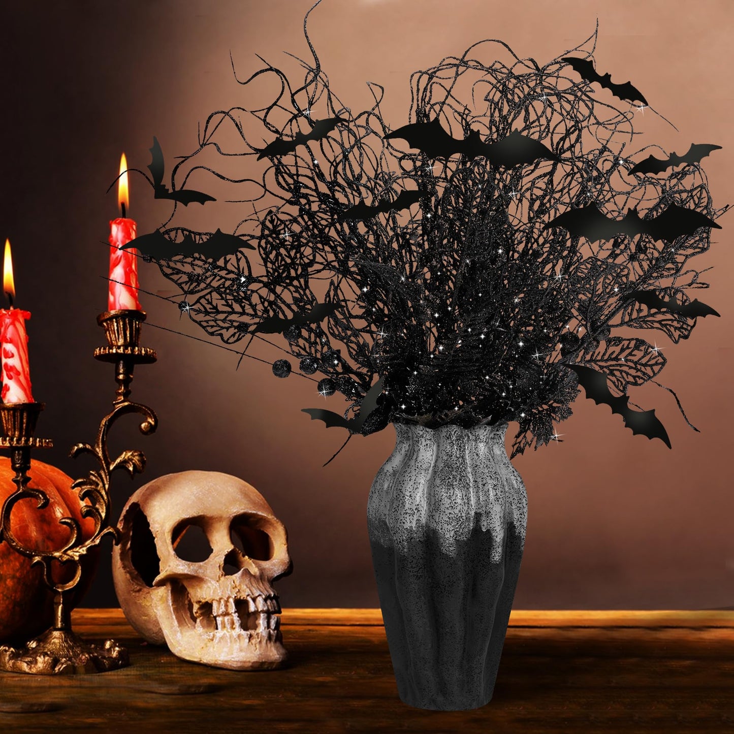 24 Pcs Artificial Halloween Branches Picks Ornaments with 12 Pcs Bats- Fake Black Berry & Flowers Stems Curly Willow Branches- Faux Glitter Black Floral Twig Stems Sticks for Halloween Xmas Home Decor