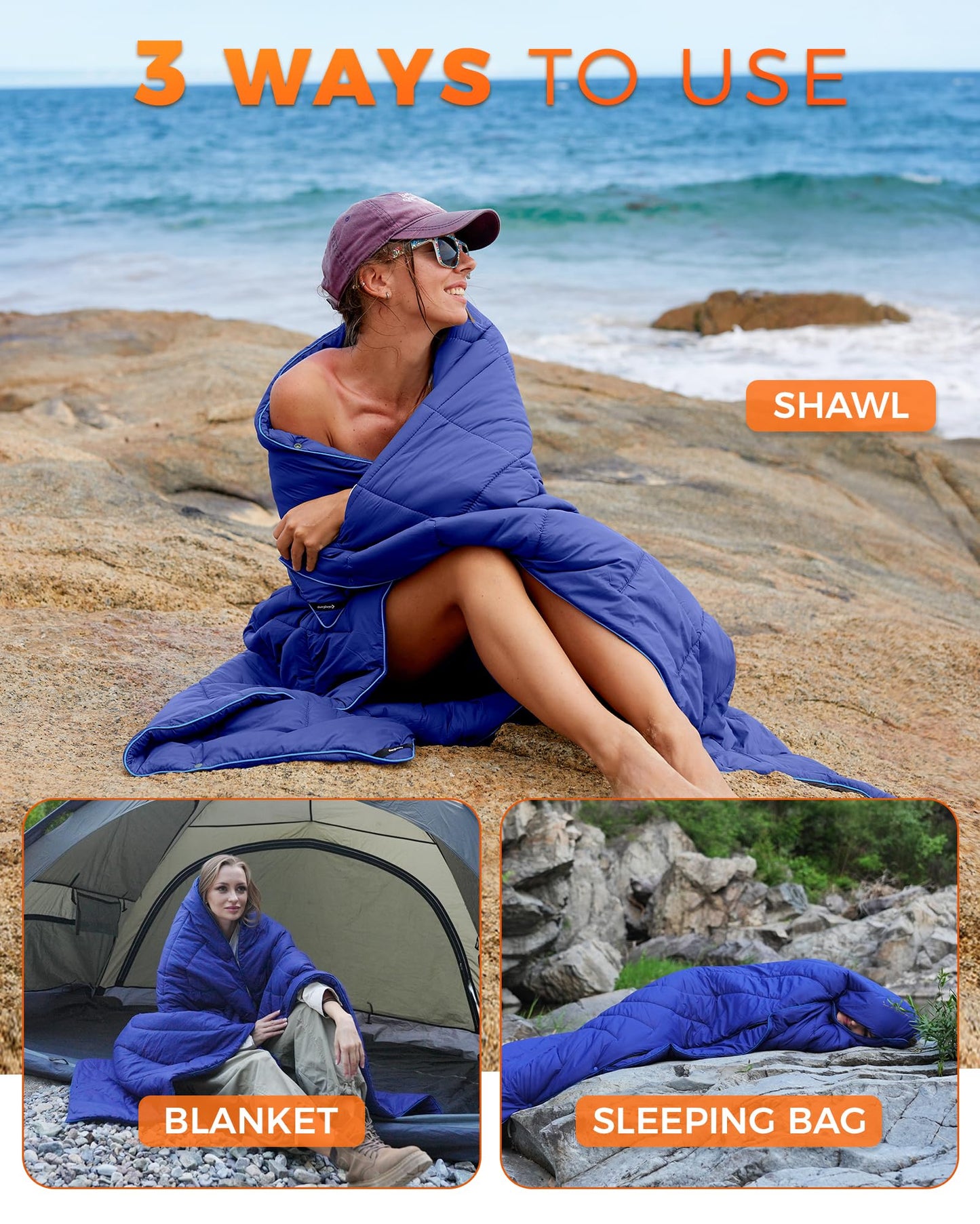 KingCamp Ultralight Camping Blanket, Packable Down Alternative Puffy Wearable Blankets Weatherproof Warm Package Quilt with Snap Buttons for Outdoor Hiking Travel Picnic Stadium (69" L x 53" W, Navy)