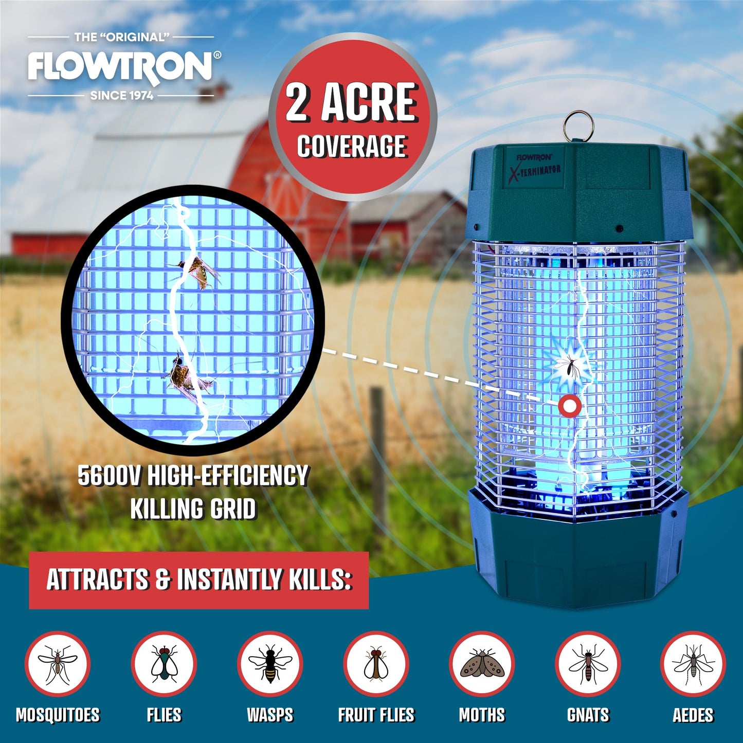 Flowtron Electric Bug Zapper 2 Acres Outdoor Insect Control with Dual Lure Method, 120W UV Light & Octenol Attractant for Fly & Mosquito, 5600V Kill Grid, Made in USA