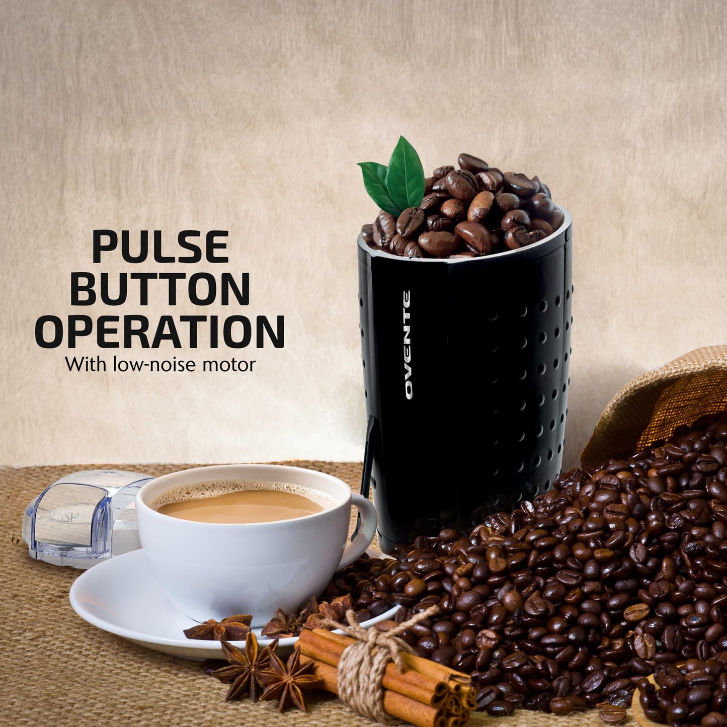 OVENTE Electric Coffee Grinder for Beans, Spices and More, 2.5Oz Compact Grinding Mill, Spice Grinder with Stainless Steel Blade, Pulse Button Operation and Transparent Easy to Open Lid, Black CG225B