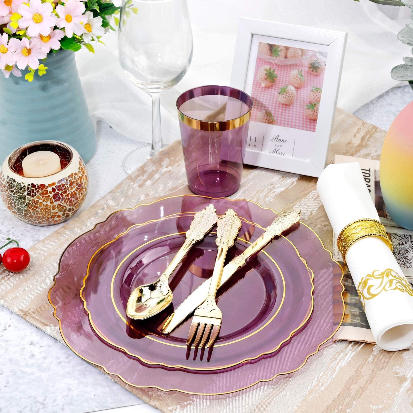 KIRE 210Pcs Purple Plastic Plates with Gold Rim& Silverware &Cups&Hand Napkin - Baroque Clear Plastic Dinnerware for Upscale Wedding/Parties Plates