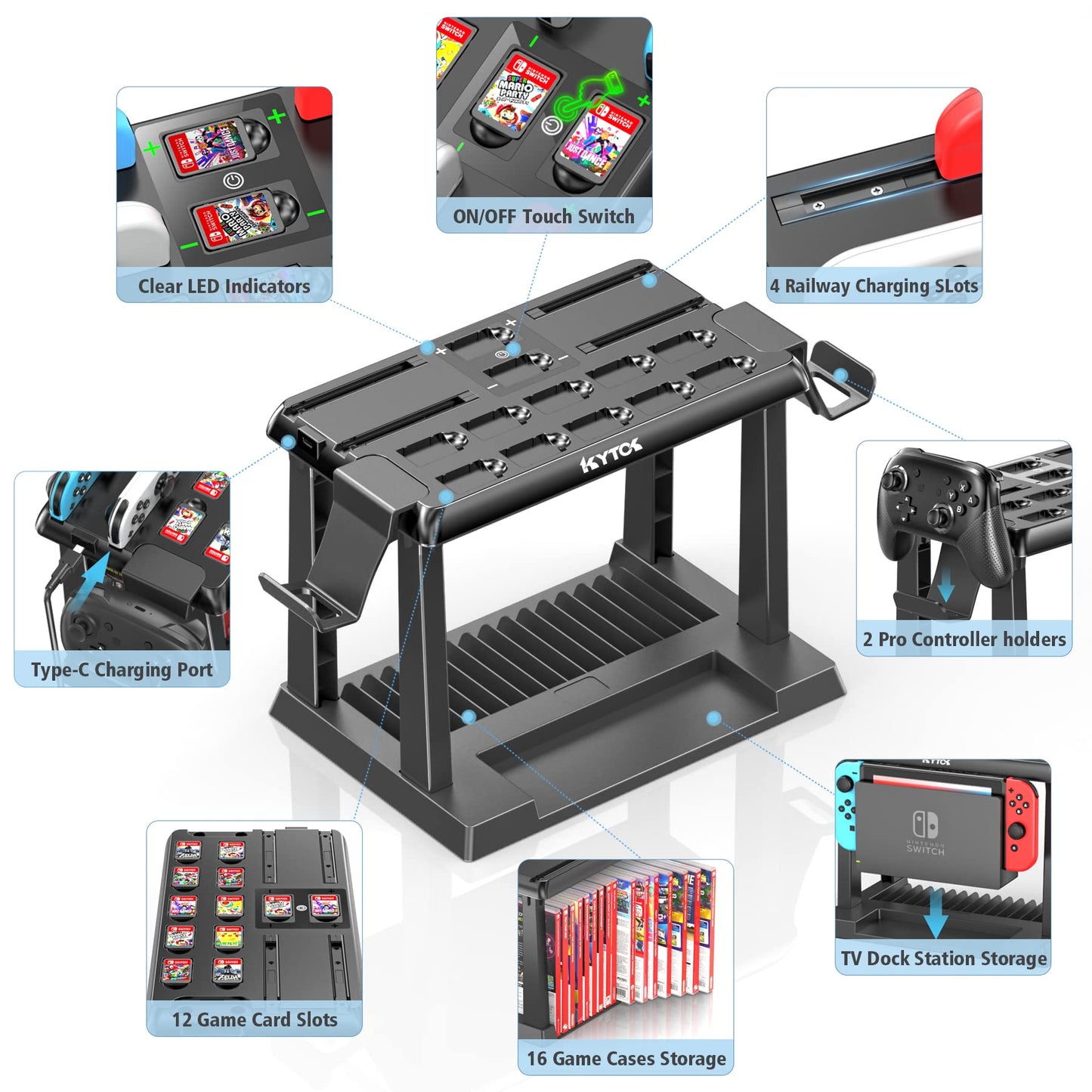 Kytok Switch Games Organizer Station with Controller Charger, Charging Dock for Nintendo Switch & OLED Joycons, Storage and Organizer for Games, TV Dock, Pro Controller, Accessories Kit