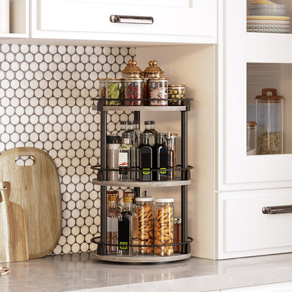 3-Tier Lazy Susan Organizer, Rotating Spice Rack, Spinning Organizer, Industrial Turntable Spice Rack Organizer for Cabinet, Kitchen Countertop, Pantry, Rustic Brown and Black SR23BR