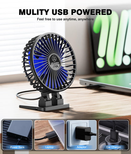 JZCreater USB Desk Fan, Mini Portable Fans, 3 Speeds Desktop Table Cooling Fan, Plug in Power, Rotation Strong Wind, Quiet Personal Small for Home Office Travel Bedroom, Black Blue