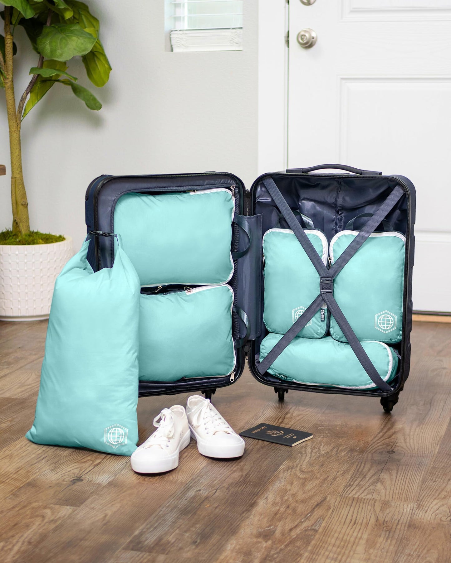 Compression Packing Cubes 6 Piece Set for Travel - Lightweight, Durable Clothes Organizer for Carry-On Luggage and Backpacks by TRIPPED Travel Gear (Dusty Teal and White)
