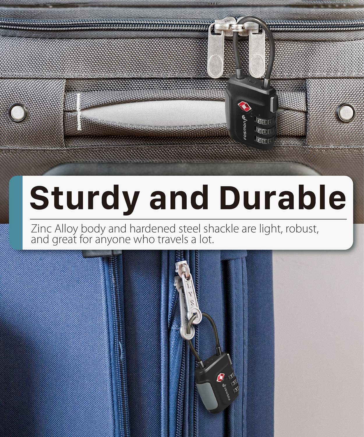 Fosmon TSA Approved Cable Locks for Luggage, Suitcase, Gun Case Lock with Push Release Button, 3 Digit Long Shackle Combination Wire Lock for Backpack