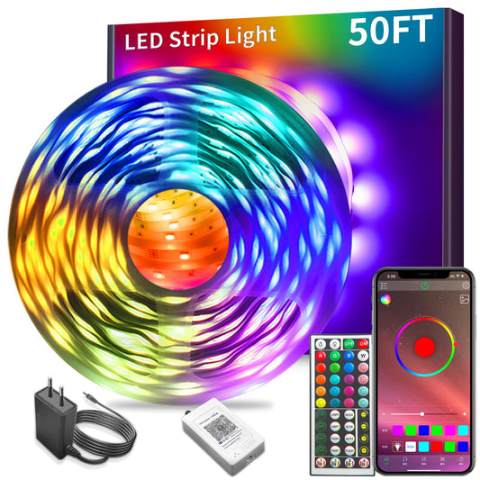 KSIPZE Led Lights for Bedroom 50ft Led Strip Lights with Remote RGB Color Changing Music Sync Bluetooth Smart App Control for Room Bedroom Lighting Flexible Home Décor