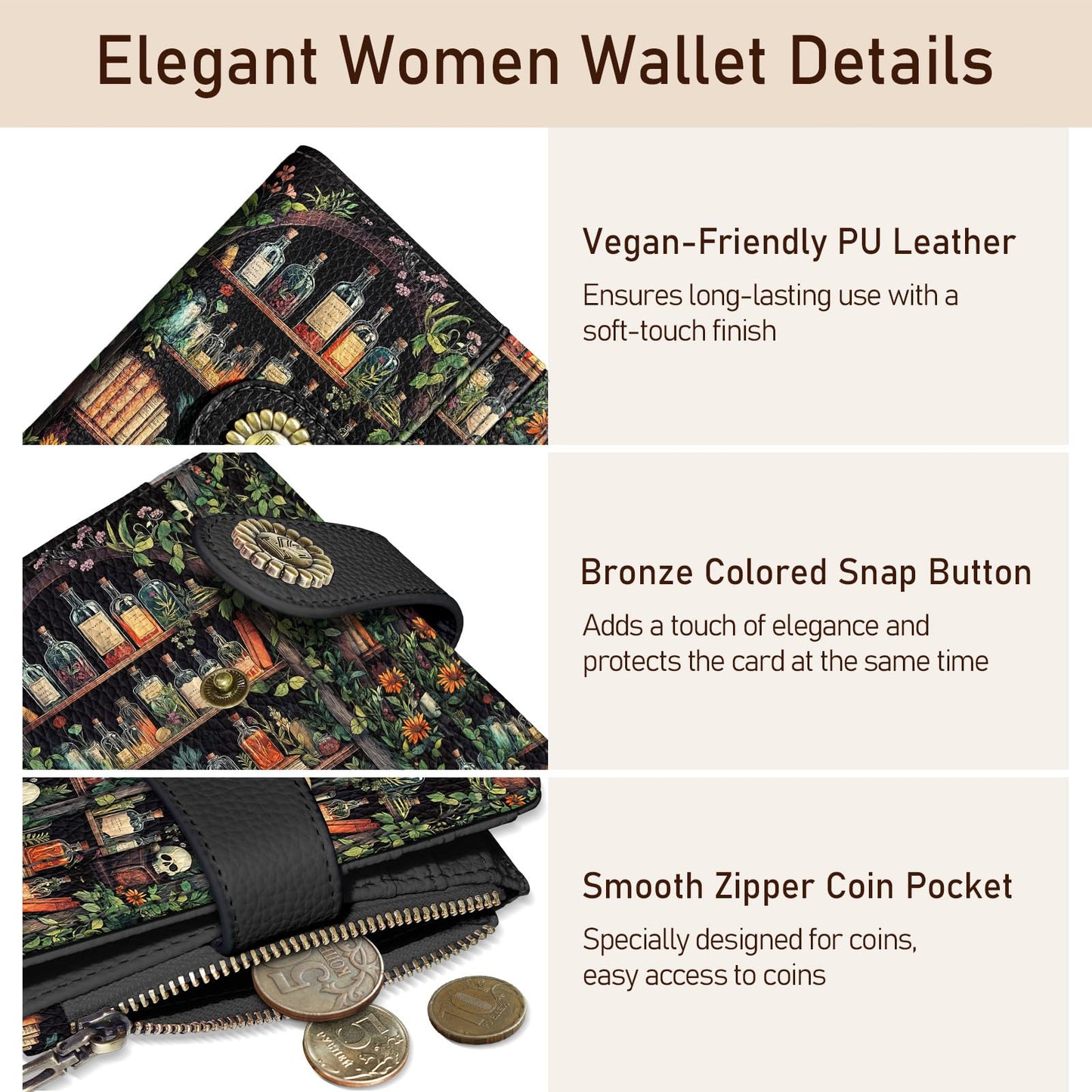 Kelvoris Bookshelves Skull Goth Gothic Small Rfid Women Wallet Bifold Zipper Coin Pocket PU Leather Compact Cash Credit Card Holder Travel Wallet Female Ladies Teen Girls 1 ID Window 10 Card Slots