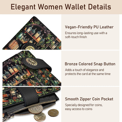 Kelvoris Bookshelves Skull Goth Gothic Small Rfid Women Wallet Bifold Zipper Coin Pocket PU Leather Compact Cash Credit Card Holder Travel Wallet Female Ladies Teen Girls 1 ID Window 10 Card Slots