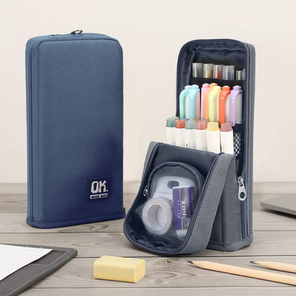 Housolution Standing Pencil Case Large Capacity Pen Bag, Multi-Layer Pen Pouch Pencil Holder Stationery Organizer, Polyester Pencil Bag Storage Box Desk Organizer, Gray