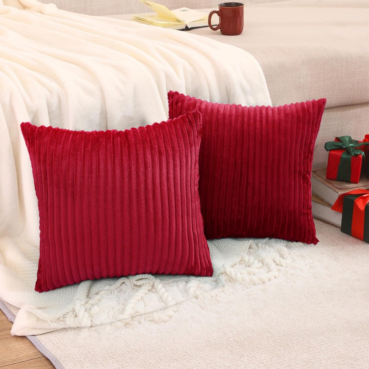 Simmore Decorative Christmas Throw Pillow Covers 18x18 Set of 2, Soft Natural Plush Flannel Double-Sided Fluffy Couch Pillow Covers for Sofa Living Room, Red