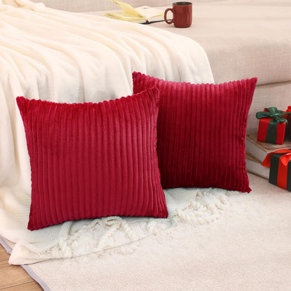 Simmore Decorative Christmas Throw Pillow Covers 18x18 Set of 2, Soft Natural Plush Flannel Double-Sided Fluffy Couch Pillow Covers for Sofa Living Room, Red