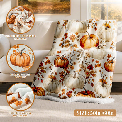 Lanpn Fall Pumpkin Flannel Throw Blanket, Soft Warm Flannel Sherpa Fleece Throws Orange Pumpkins Leaves Blanket for Couch Bed, Cozy Autumn Throw Blankets Farmhouse Thanksgiving Home Decor, 50"x60"