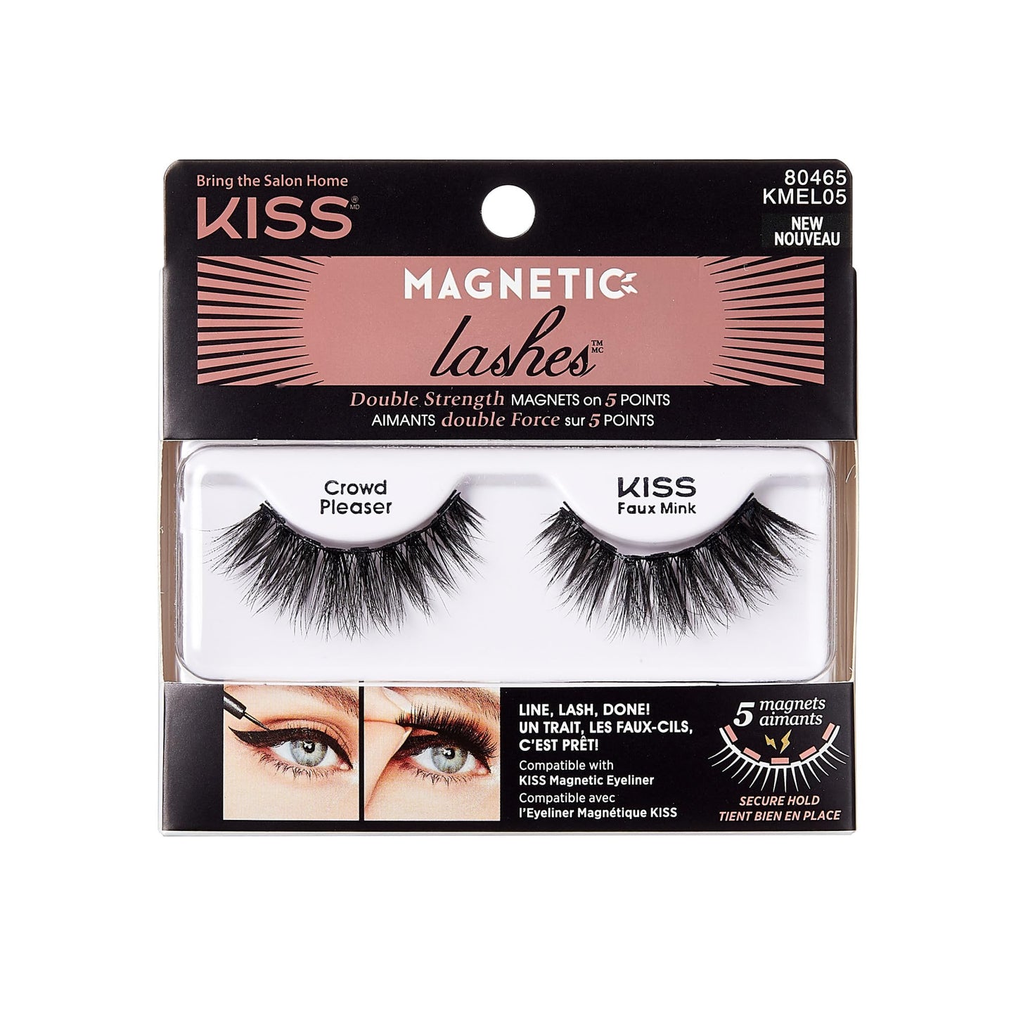 KISS Magnetic Lashes, Crowd Pleaser, 1 Pair of Synthetic False Eyelashes With 5 Double Strength Magnets, Wind Resistant, Dermatologist Tested Fake Lashes Last Up To 16 Hours, Reusable Up To 15 Times
