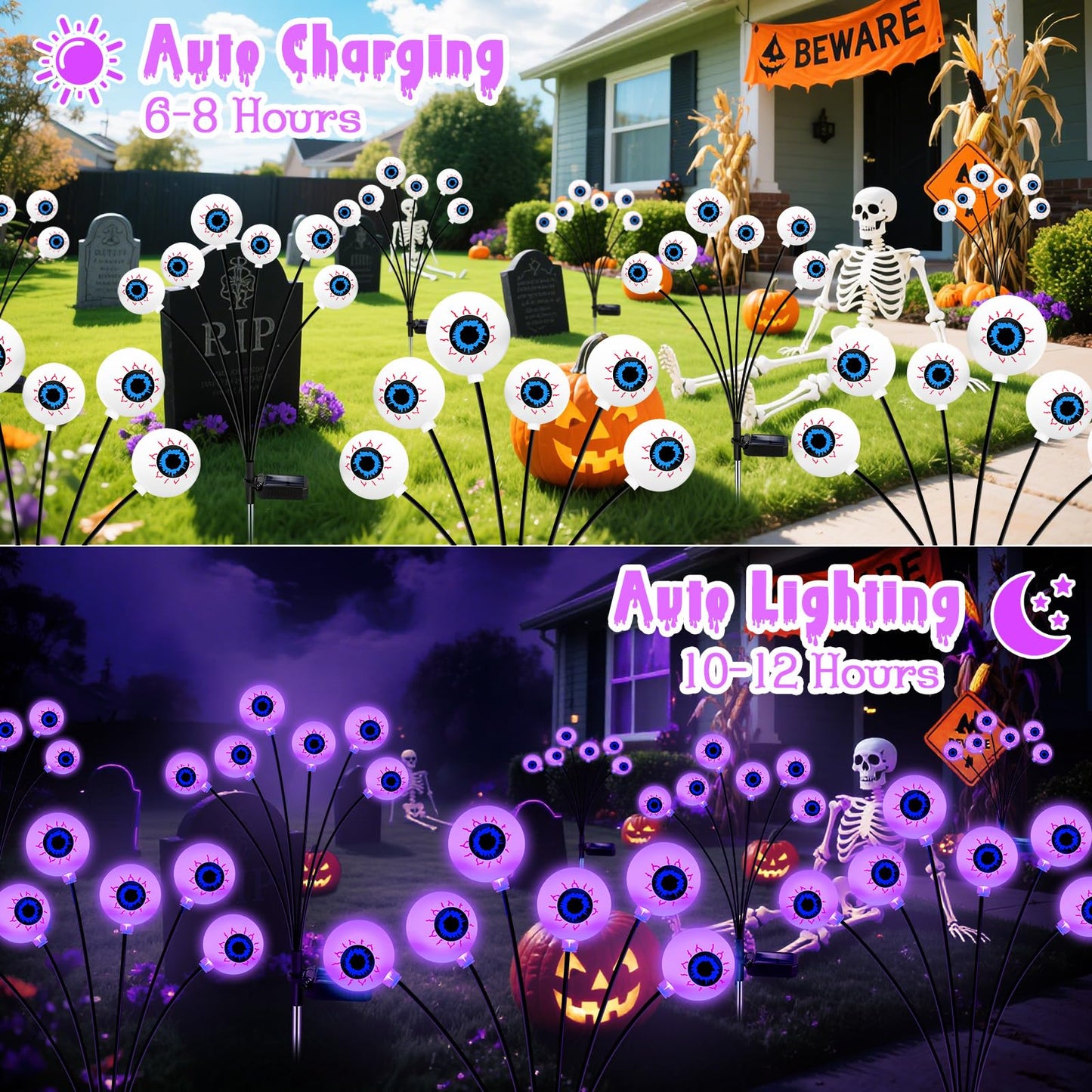 Halloween Decorations Outdoor, 4 Pack 24 LED Solar Purple Scary Eyeball Swaying Lights, Purple Solar Firefly Light Waterproof Outdoor Garden Lights for Halloween Yard Garden Lawn Party Flower Bed