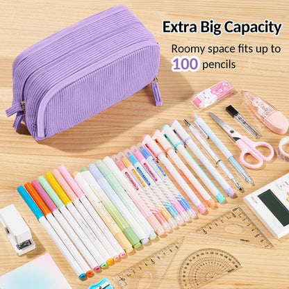 Sooez Big Capacity Pencil Case Pen Pouch, Soft Corduroy Pencil Bag with 3 Compartment, Multiple Pockets, Sturdy Zipper, Cute School Supplies Pen Bag Organizer For Teen Girls College, Beige