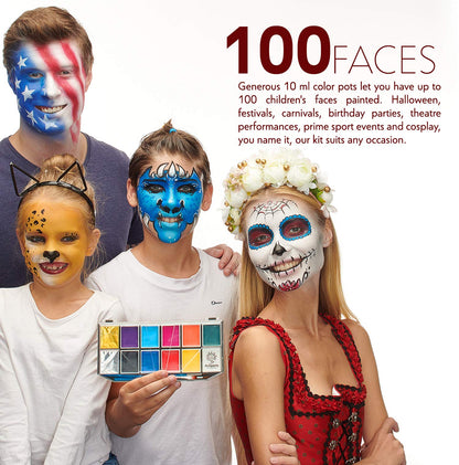 Face Paint Kit - Dermatologically Tested, Non-Toxic & Hypoallergenic - Professional Painting for Kids & Adults - Cosplay Makeup - Easy to Apply & Remove - Leakproof Dry Glitters