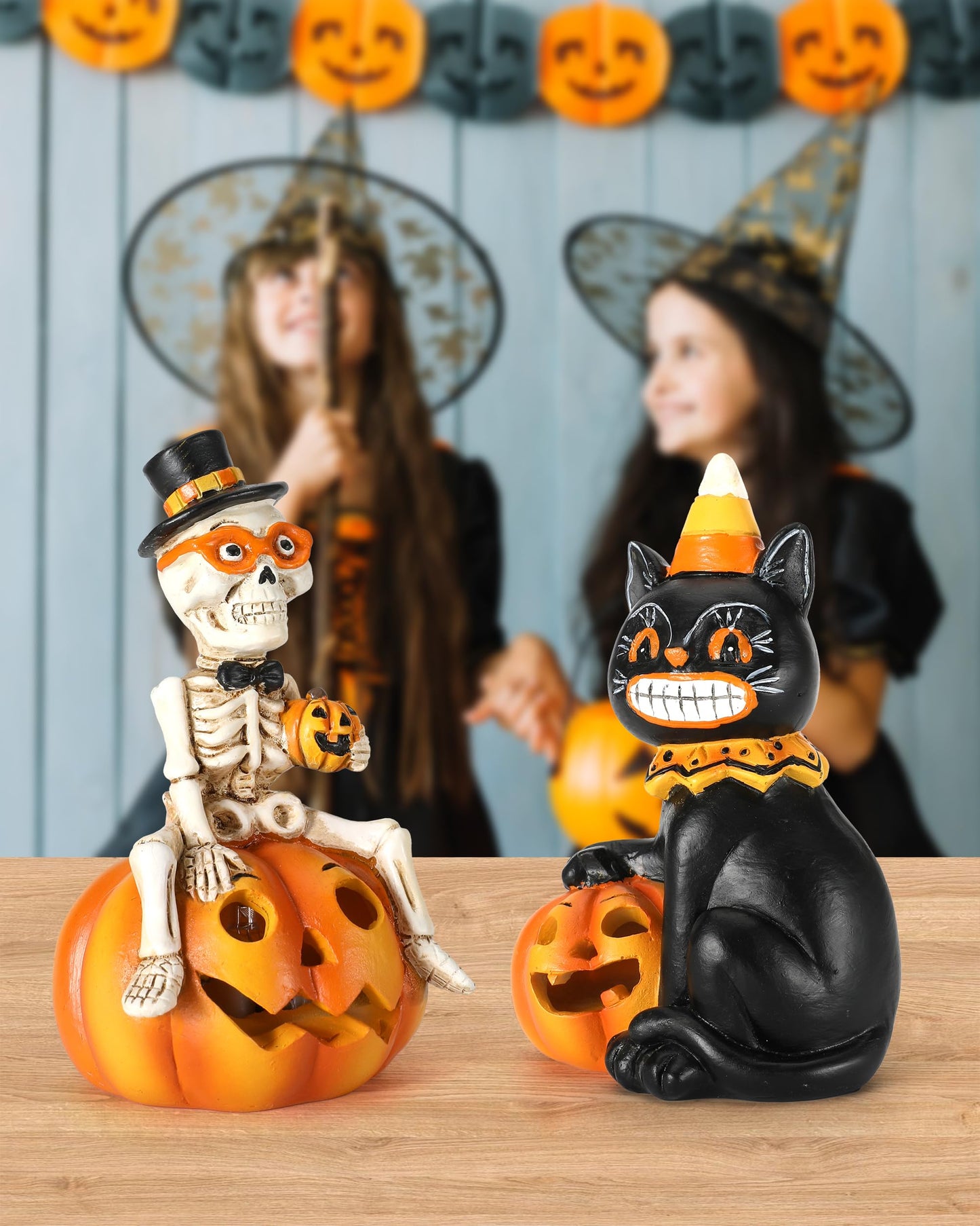iStatue Halloween Decorations Indoor, 2-Pack Resin Black Cat & Skeleton on Pumpkin with Jack-o’-Lantern Lights Gift for Fireplace Tabletop Party Tiered Tray Decor (Skeleton & Cat)