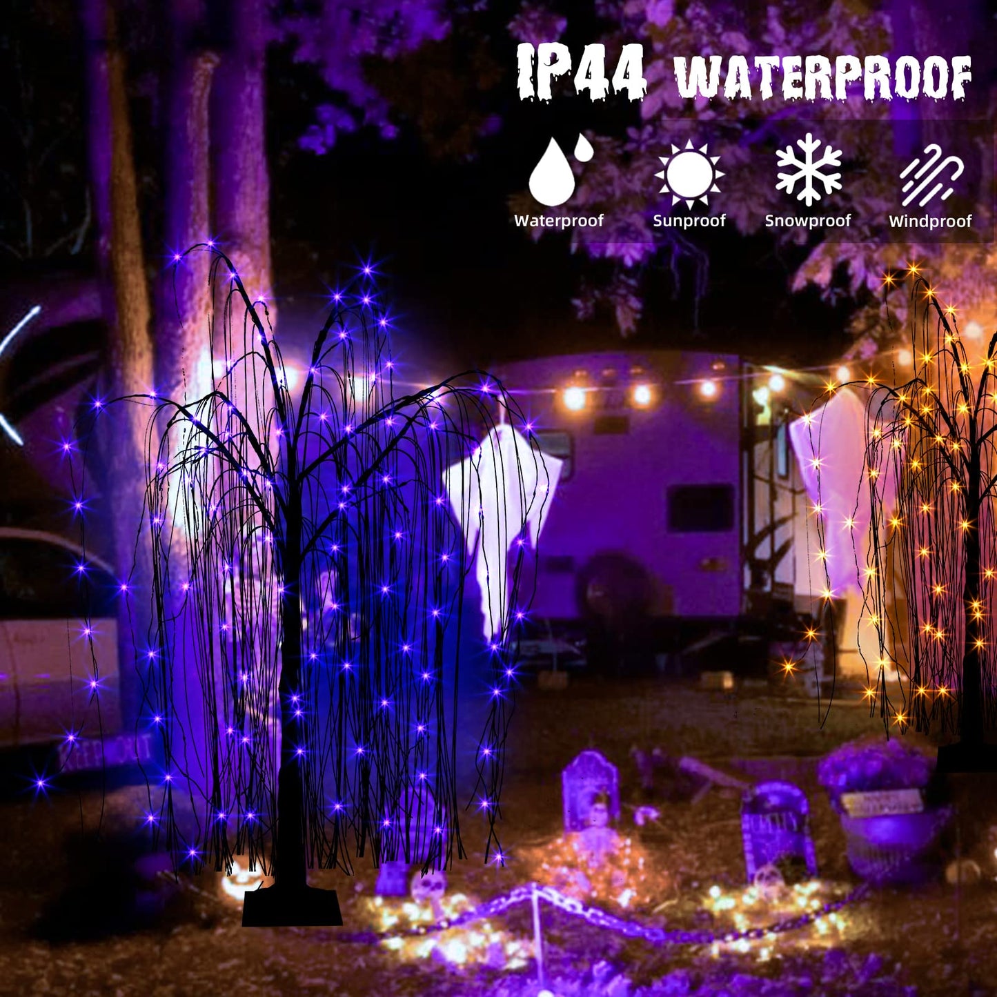EAMBRITE Halloween Tree 4 FT 180 LED Black Willow Tree with Orange Purple Fairy Lights and Spider Web, Lighted Spooky Artificial Tree for Indoor Outdoor House Home Halloween Decorations