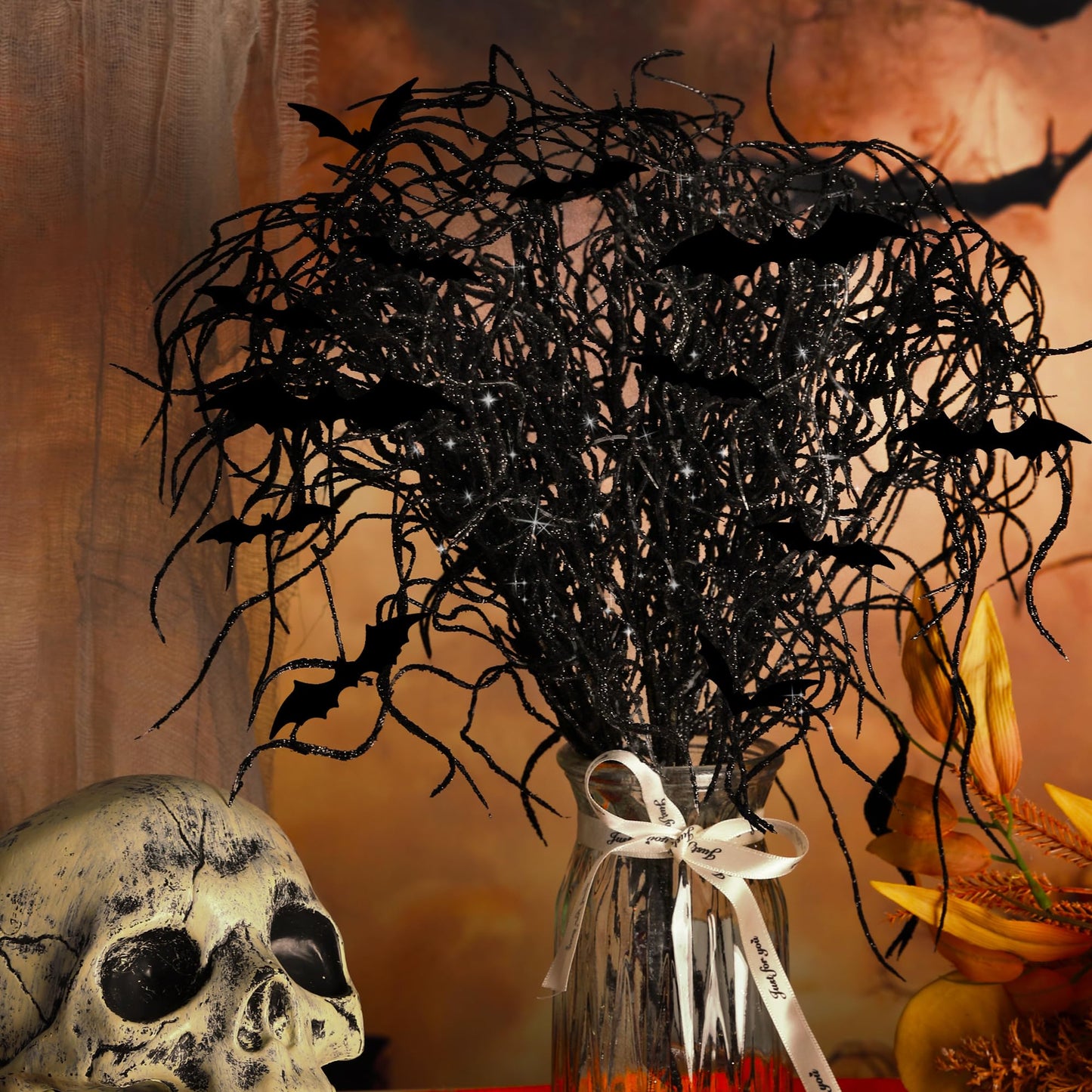 24 Pcs Halloween Artificial Curly Willow Branches with 12 Pcs Bats- Fake Black Bat Halloween Branches Picks- Glitter Artificial Black Twig Stems Sticks for Holiday Tree Vase Home Decor