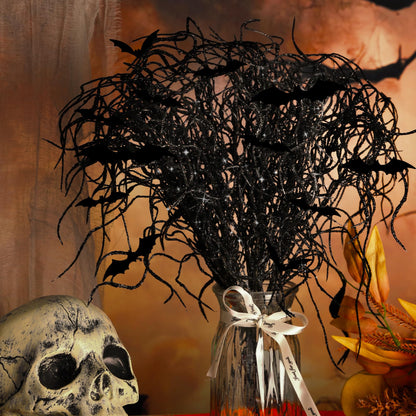 24 Pcs Halloween Artificial Curly Willow Branches with 12 Pcs Bats- Fake Black Bat Halloween Branches Picks- Glitter Artificial Black Twig Stems Sticks for Holiday Tree Vase Home Decor