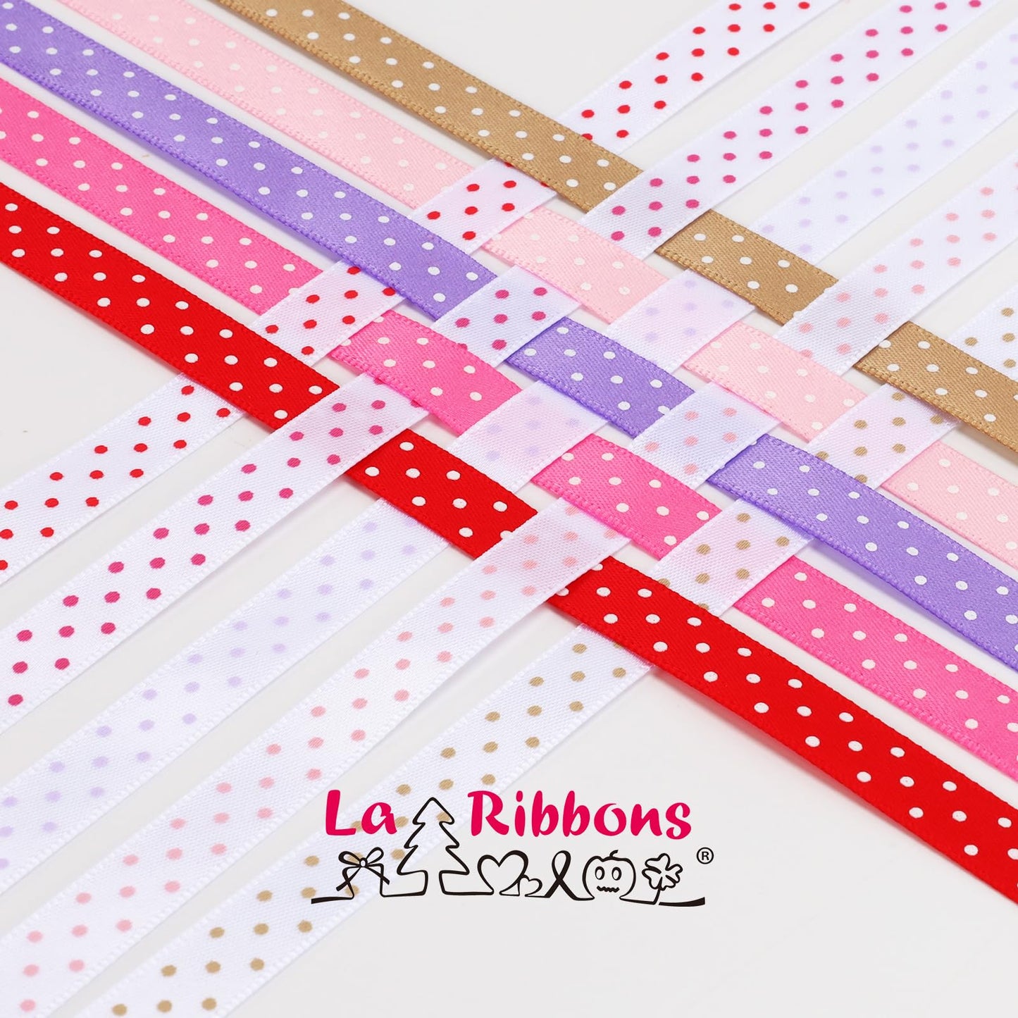 LaRibbons Polka Dot Satin Ribbon Variety Pack 100 Yards, 3/8" X 10 Yards/Roll Hot Pink Red Purple Khaki Assorted Ribbons for Crafts, Valentines, Gift Wrapping, Hair Bows