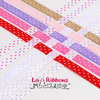 LaRibbons Polka Dot Satin Ribbon Variety Pack 100 Yards, 3/8" X 10 Yards/Roll Hot Pink Red Purple Khaki Assorted Ribbons for Crafts, Valentines, Gift Wrapping, Hair Bows