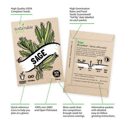 Culinary Herb Seeds Variety Pack: 10 Spice Herbs, Hydroponic Garden Indoors, Heirloom Planting Basil, Parsley, Sage, Thyme, Rosemary, Cilantro, Chives Dill Oregano, Summer Savory by Sustainable Sprout