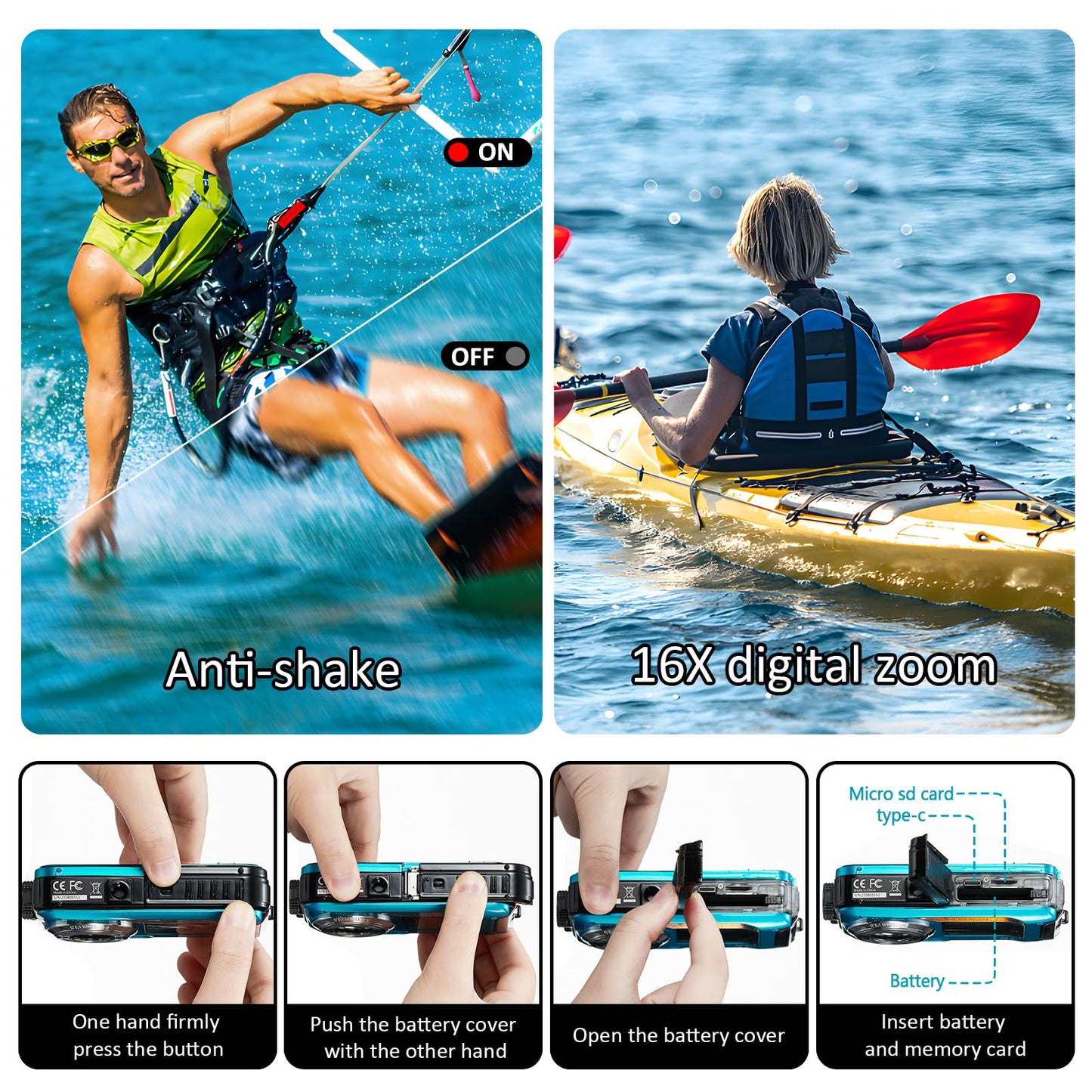 4K Underwater Camera 11FT Waterproof Camera with 32GB Card 56MP Autofocus Dual-Screen Selfie Underwater Camera for Snorkeling Waterproof Compact Floatable Digital Camera 1250mAh Battery Type-C (Blue)