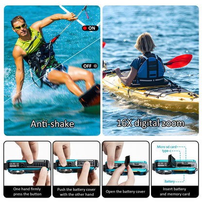 4K Underwater Camera 11FT Waterproof Camera with 32GB Card 56MP Autofocus Dual-Screen Selfie Underwater Camera for Snorkeling Waterproof Compact Floatable Digital Camera 1250mAh Battery Type-C (Blue)