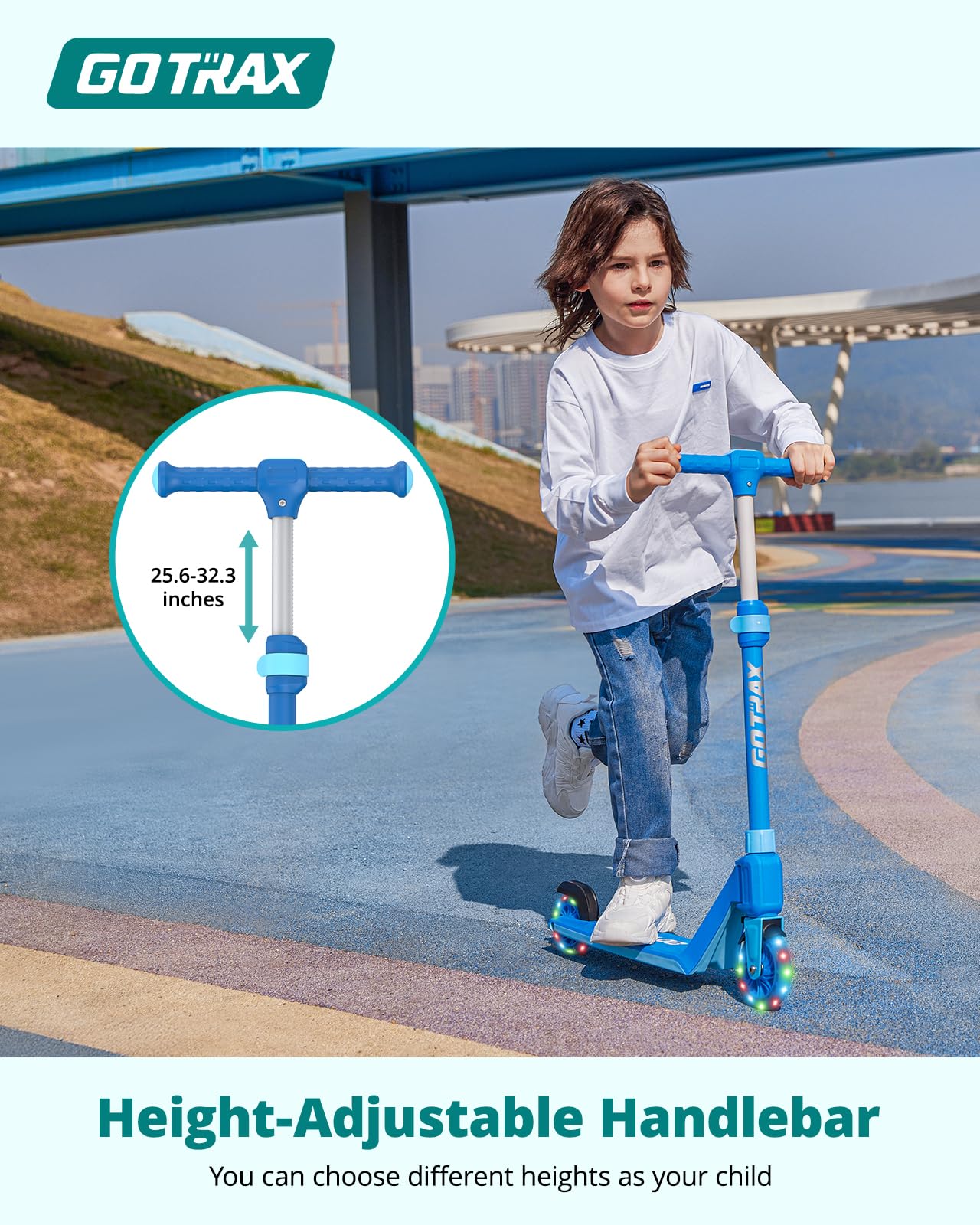 Gotrax K03 Kick Scooter for Kids, 5" LED Lighted Wheels and Adjustable Handlebars, Lightweight Design and Anti-Slip Deck, Max Load 110 Lbs, Kids Scooter for Boys & Girls Ages 3+, Blue