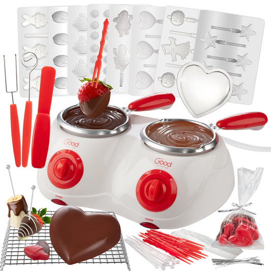 Dual Electric Chocolate Melting Pot Set- Halloween Candy Bar Making or Fondue Fountain Kit w/ 30 Bonus Accessories-Dip, Drizzle & Decorate Strawberries, Marshmallow, Snacks- Party Appetizers Desserts
