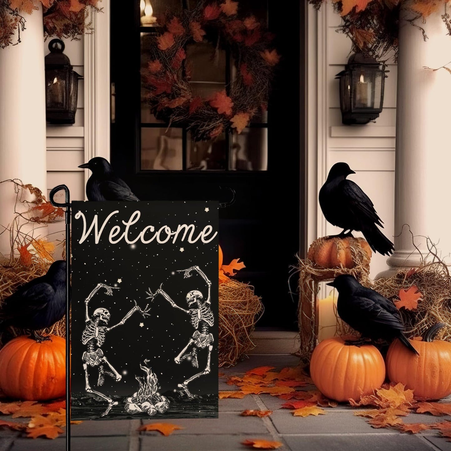 Cryfox Halloween Skull Welcome Garden Flags 12 x 18 Inch Dancing Human Skeletons Garden Flag for Outside Black Yard Flags Double Sided for Lawn Outdoor Decorations