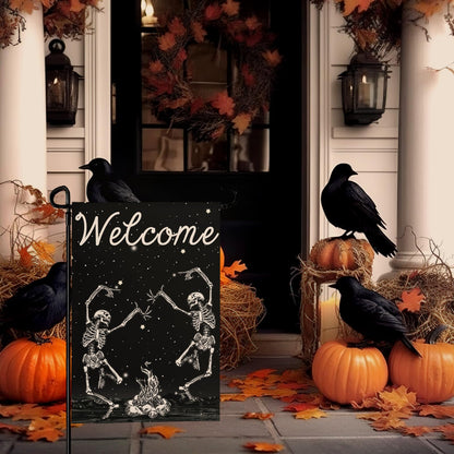 Cryfox Halloween Skull Welcome Garden Flags 12 x 18 Inch Dancing Human Skeletons Garden Flag for Outside Black Yard Flags Double Sided for Lawn Outdoor Decorations