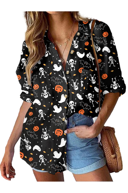 HOTOUCH Halloween Button Up Shirt Women 100% Cotton Linen Gauze Collared Blouse Long Sleeve Dressy Casual Work Top L