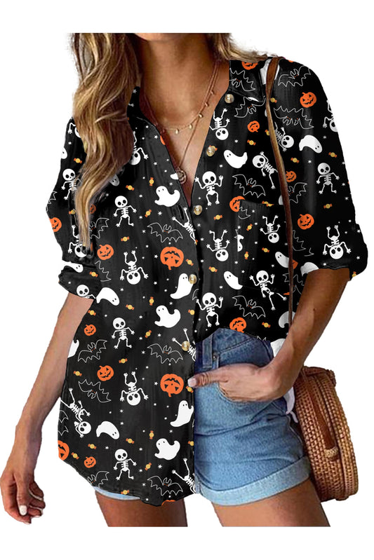 HOTOUCH Halloween Button Up Shirt Women 100% Cotton Linen Gauze Collared Blouse Long Sleeve Dressy Casual Work Top L