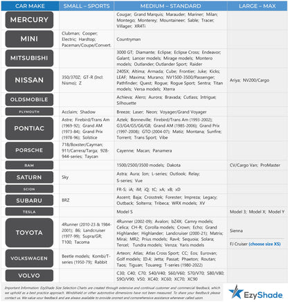 EzyShade Windshield Sun Shade with Shield-X Reflective Technology. See Size-Chart with Your Vehicle. Foldable 2-Piece Car Sunshades Reflect UV Sun and Heat and Protect Your Car. Standard (Medium) Size