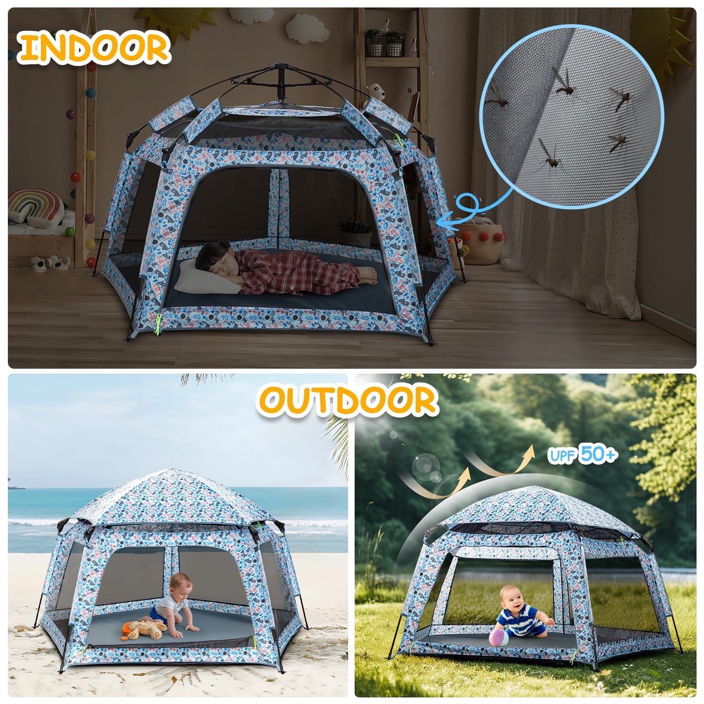 Funsland Baby Playpen Pop-up Tent - Outdoor & Indoor Play Tent for Beach with Canopy Travel Bag Portable Play Yard for Babies & Toddlers (Ocean)