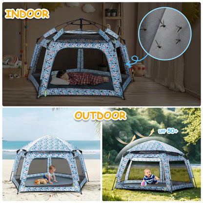 Funsland Baby Playpen Pop-up Tent - Outdoor & Indoor Play Tent for Beach with Canopy Travel Bag Portable Play Yard for Babies & Toddlers (Ocean)