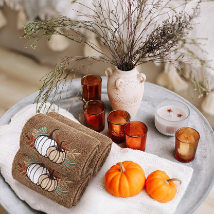 Fanfanwin 3 Pcs Fall Hand Towels for Bathroom 13.8 x 29.5 Inch Autumn Decorative Bath Towels Sets 100% Cotton Embroidered Pumpkin Maple Thanksgiving Bathroom Decor(Khaki,Pumpkin)