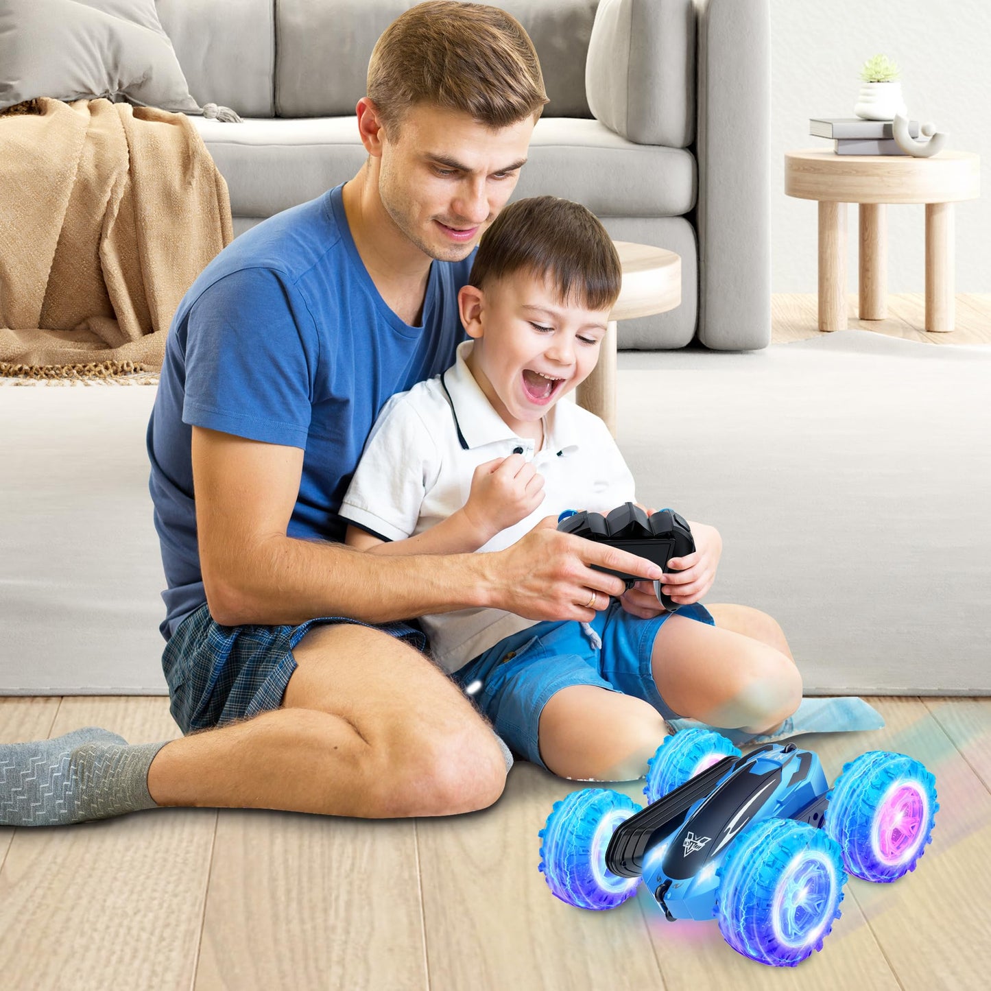 KKONES Remote Control Car, 2.4GHz Double Sided 360° Flips Rotating Electric Race RC Stunt Car, LED Wheel & Headlight High Speed Off Road Cars Toy Gift for 3 4 5 6 7 8-12 Year Old Boy Toys (Blue)